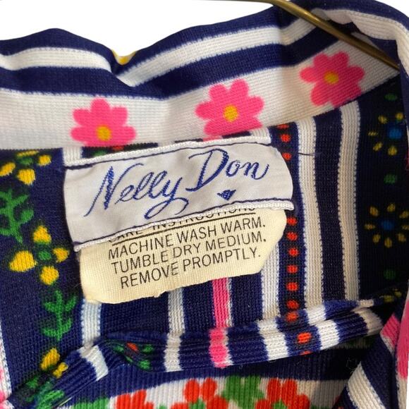 Vintage 60s Nelly Don Floral Stripe Shirt Dress USA Made ILGWU Tag Size Medium - Picture 8 of 16